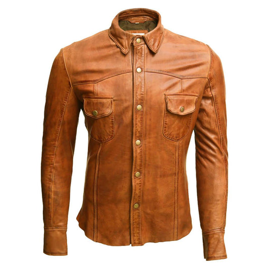 Adam Tan Flap Pockets Leather Jacket Shirt