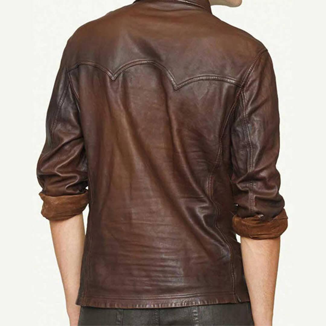 Alberto Distressed Brown Lambskin Leather Slim Fit Shirt