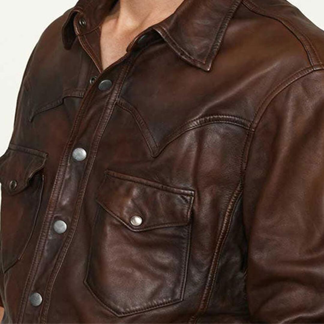 Alberto Distressed Brown Lambskin Leather Slim Fit Shirt