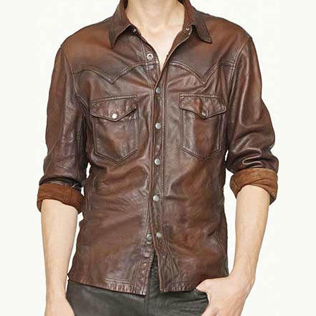 Alberto Distressed Brown Lambskin Leather Slim Fit Shirt